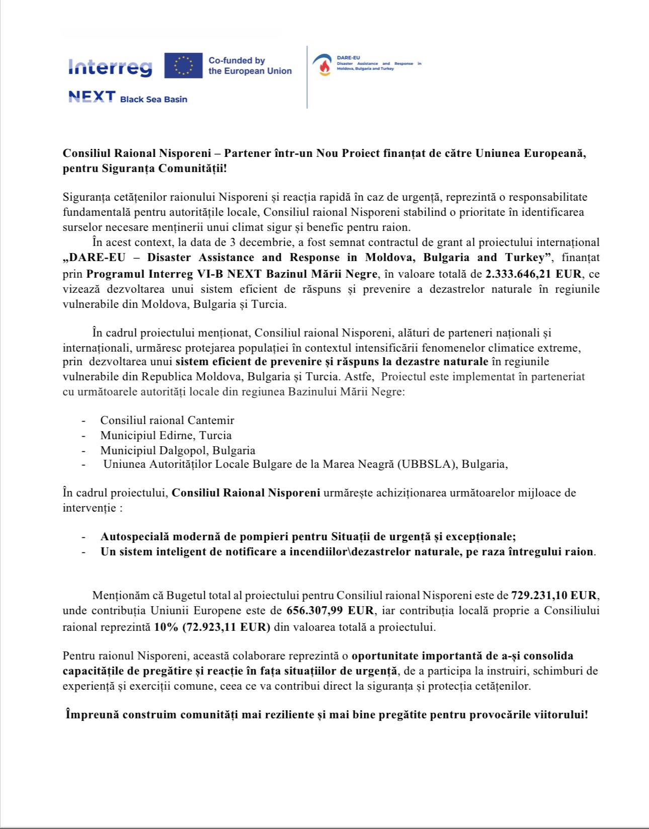 Consiliul Raional Nisporeni – Partener într-un Nou Proiect finanțat de către Uniunea Europeană, predestinat Siguranței Comunității!